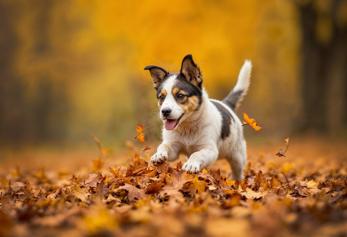 chien qui court dans la forêt